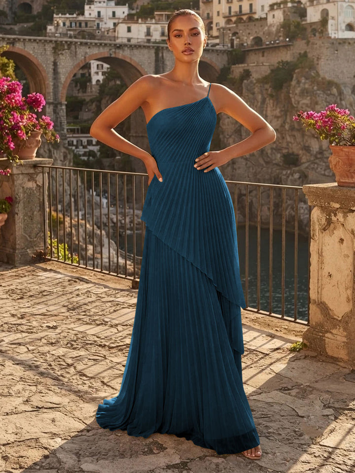 Chiffon A Line One Shoulder Pleats High Waist Formal Dresses