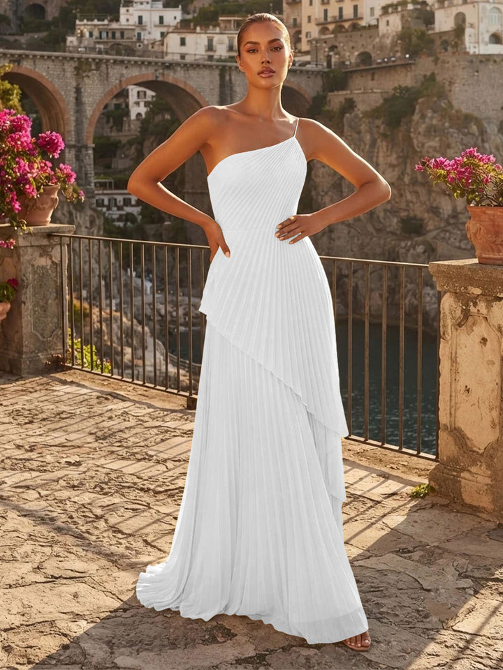 Chiffon A Line One Shoulder Pleats High Waist Formal Dresses
