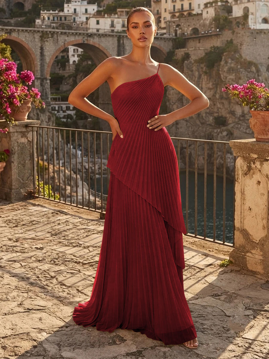 Chiffon A Line One Shoulder Pleats High Waist Formal Dresses