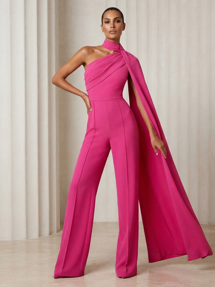 Satin A Line One Shoulder Cape Jumpsuit Side Drape Formal Dresses