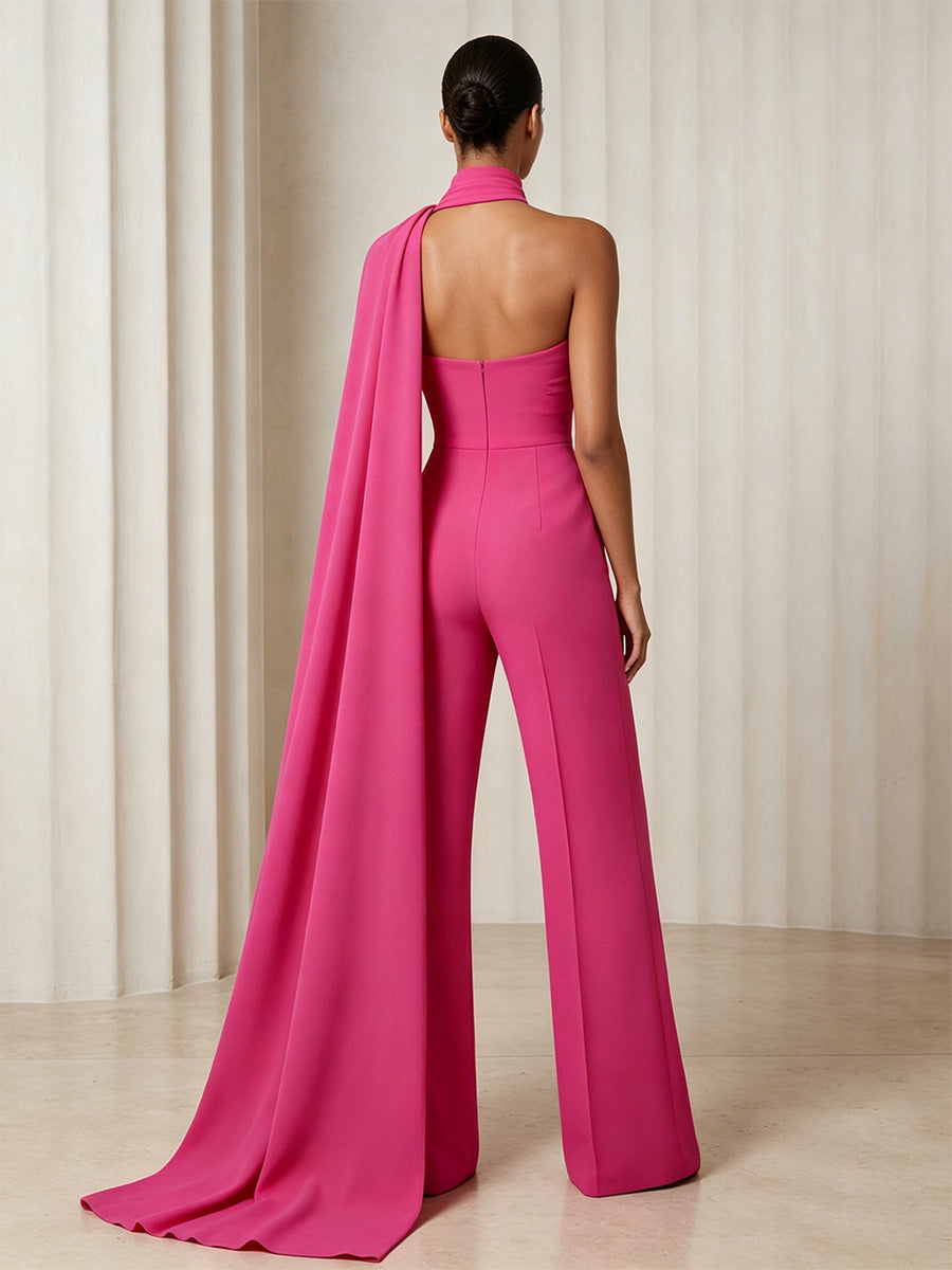 Satin A Line One Shoulder Cape Jumpsuit Side Drape Formal Dresses