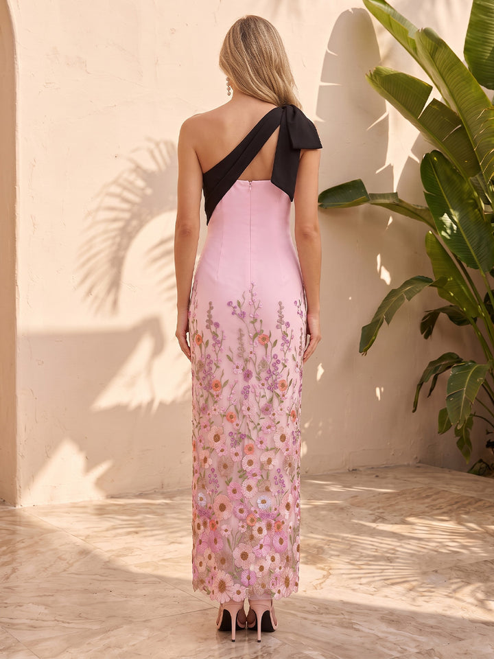 Tulle Mermaid One Shoulder Floral Embroidery Bow Shoulder Straps Formal Dresses