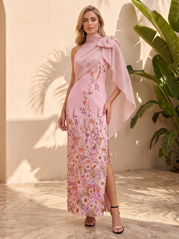 Tulle Mermaid Halter Cape Side Slit Formal Dresses