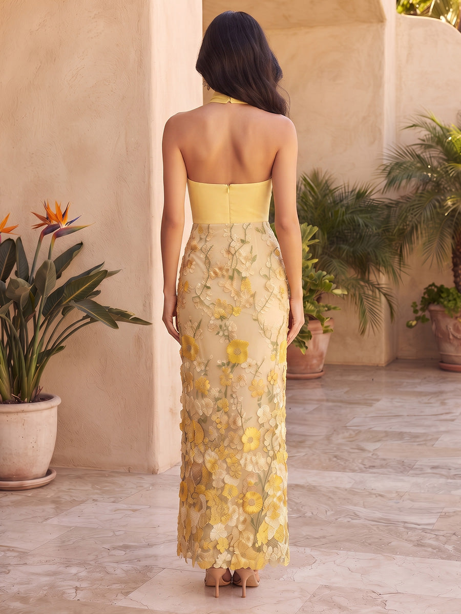 Tulle Mermaid Halter Floral Embroidery Spliced Formal Dresses