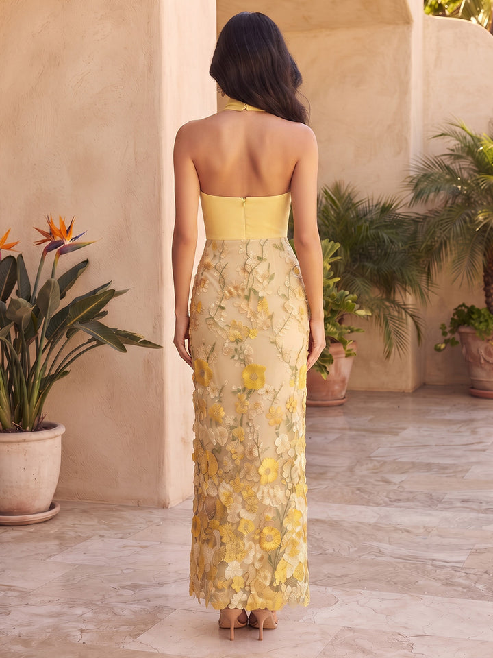 Tulle Mermaid Halter Floral Embroidery Spliced Formal Dresses