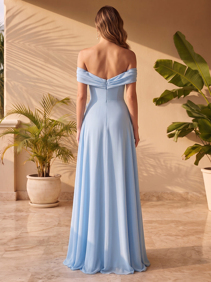 Chiffon A Line Off the Shoulder Cowl Neck 3D Flower Accent Formal Dresses