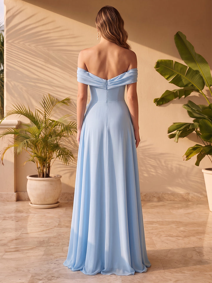 Chiffon A Line Off the Shoulder Cowl Neck 3D Flower Accent Formal Dresses