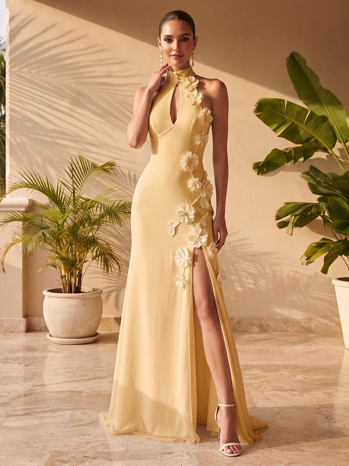 Chiffon A Line Halter 3D Flowers Side Slit Formal Dresses