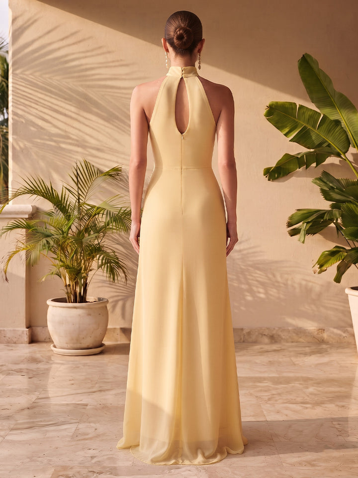 Chiffon A Line Halter 3D Flowers Side Slit Formal Dresses