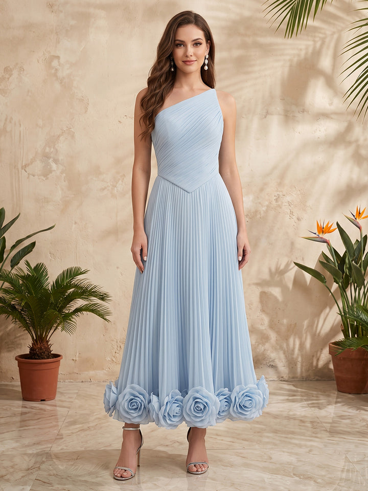 Chiffon A Line One Shoulder Ruched Bodice Ruched Skirt Formal Dresses