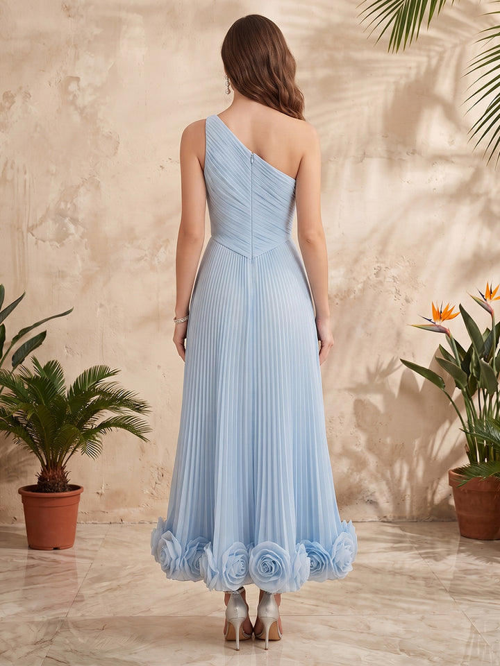 Chiffon A Line One Shoulder Ruched Bodice Ruched Skirt Formal Dresses