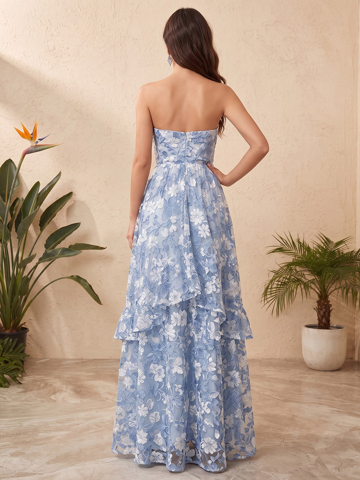 Tulle A Line Sweetheart Floral Embroidery Layered Formal Dresses