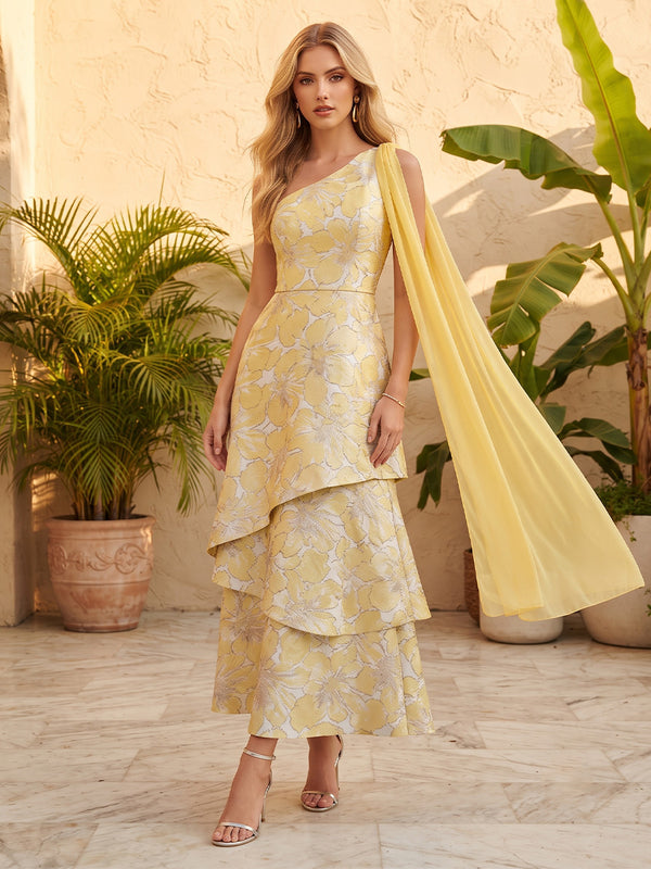 Jacquard A Line One Shoulder Floral Print Side Drape Formal Dresses