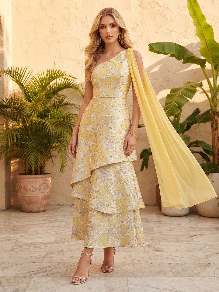 Jacquard A Line One Shoulder Floral Print Side Drape Formal Dresses