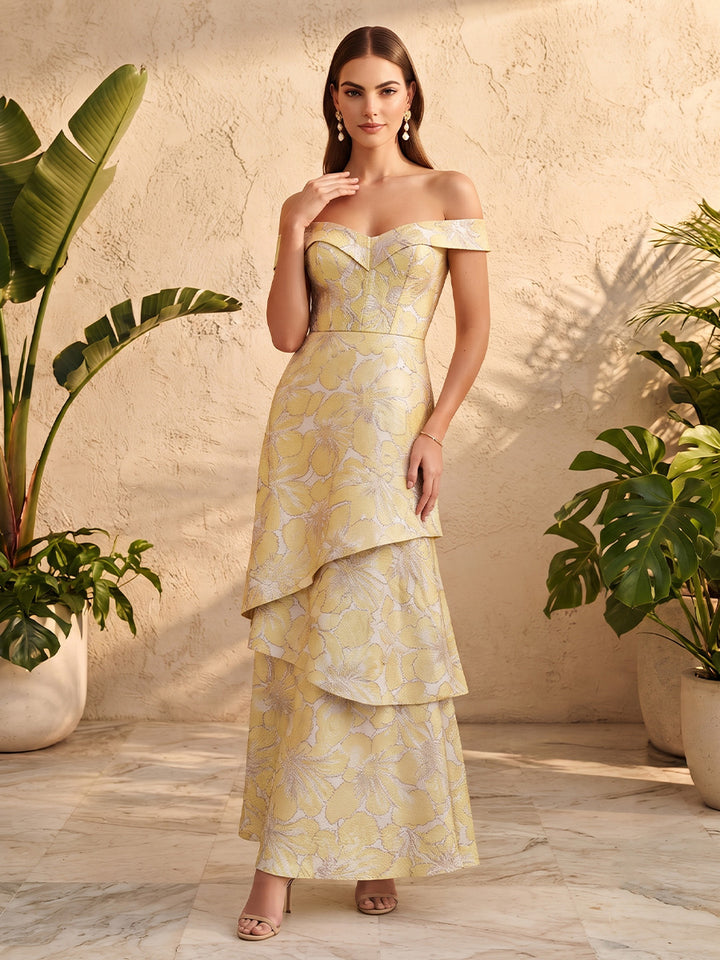 Jacquard A Line Off the Shoulder Corset Waist Tiered Formal Dresses
