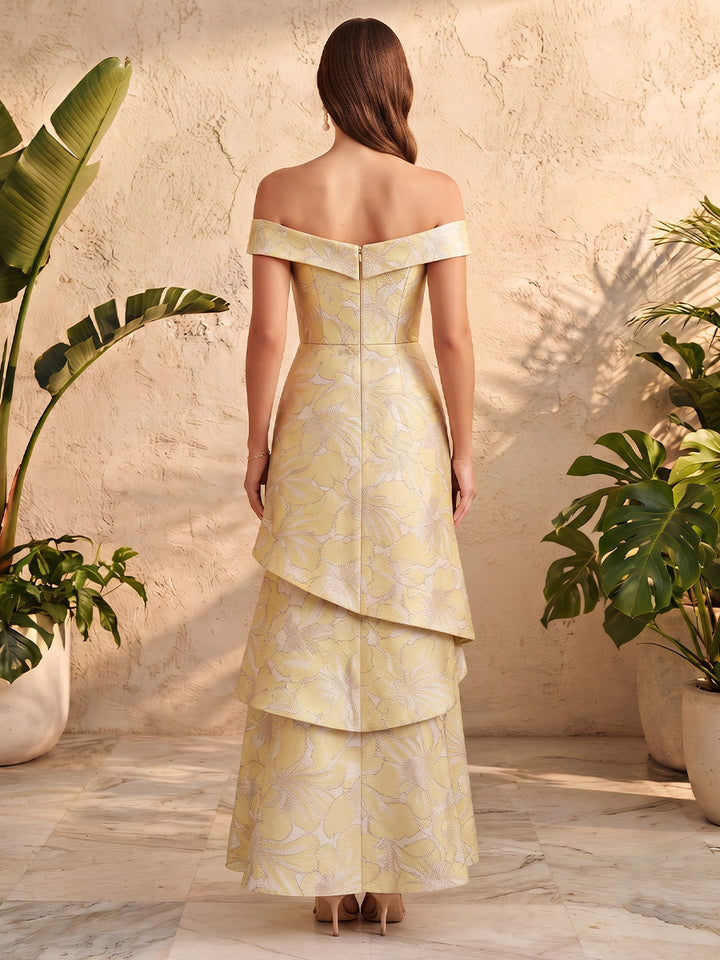 Jacquard A Line Off the Shoulder Corset Waist Tiered Formal Dresses