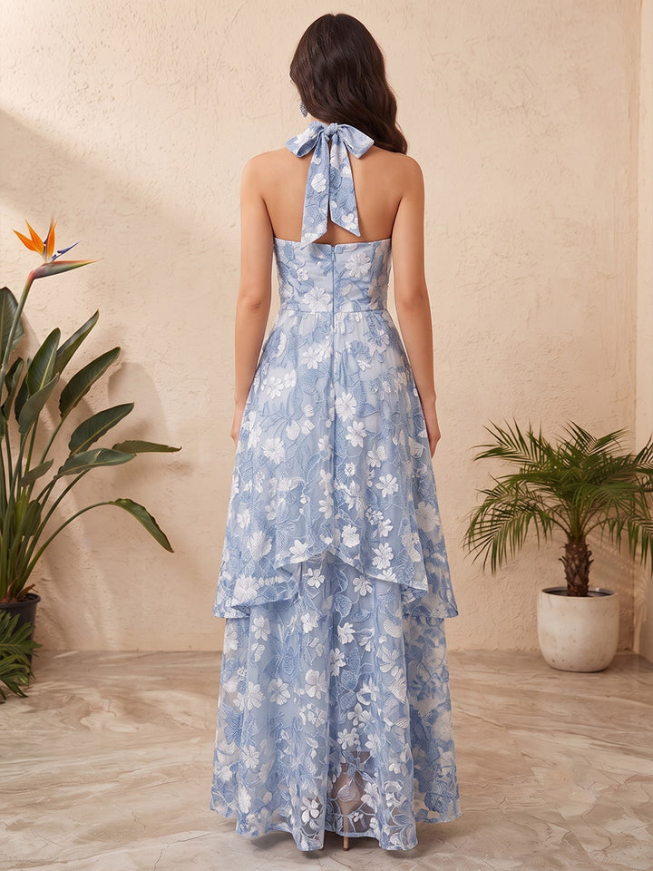 Tulle A Line Strapless Floral Embroidery Ruched Waist Formal Dresses