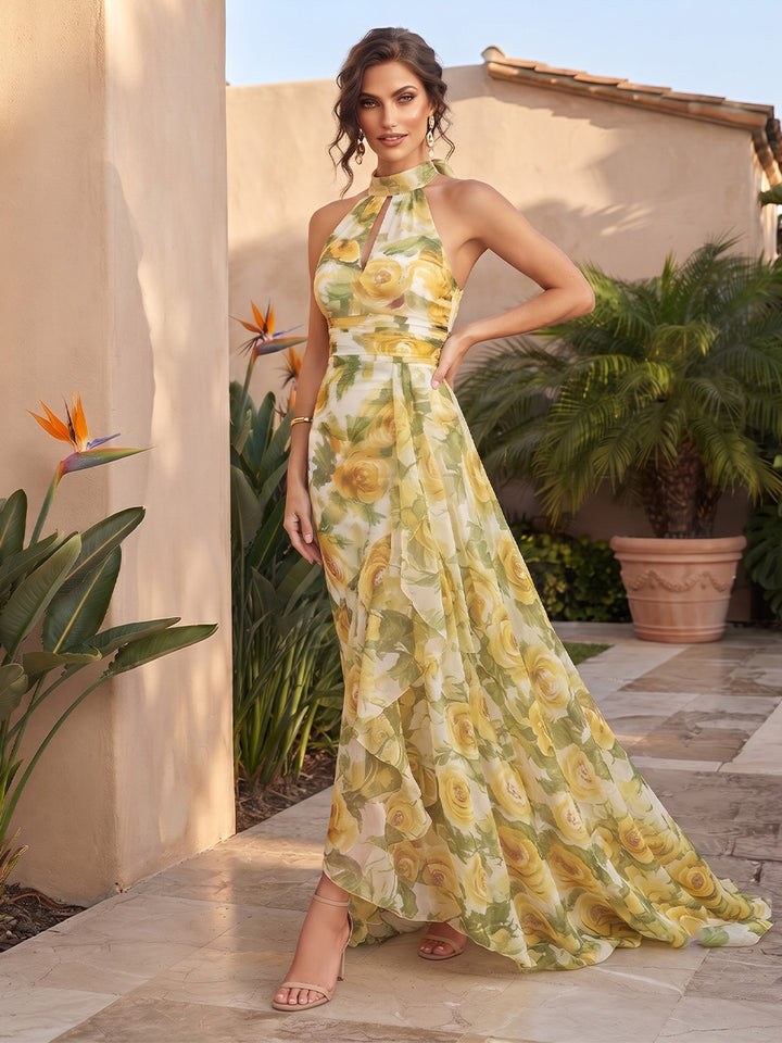 Chiffon A Line Halter Floral Print Ruffles Formal Dresses
