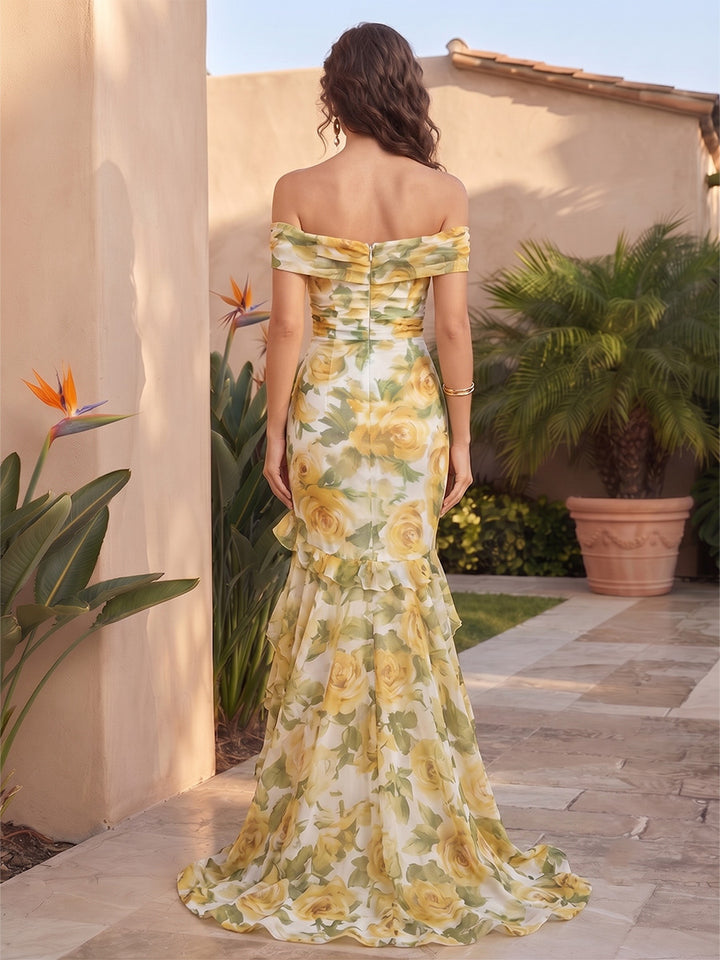 Chiffon Mermaid Off the Shoulder Floral Print Ruffle Hem Formal Dresses