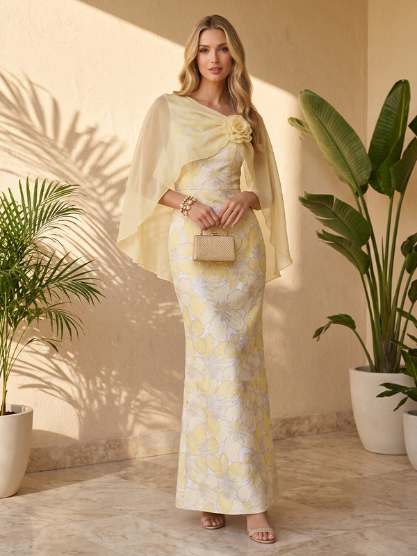 Jacquard Mermaid Jewel Neck with Cape Formal Dresses