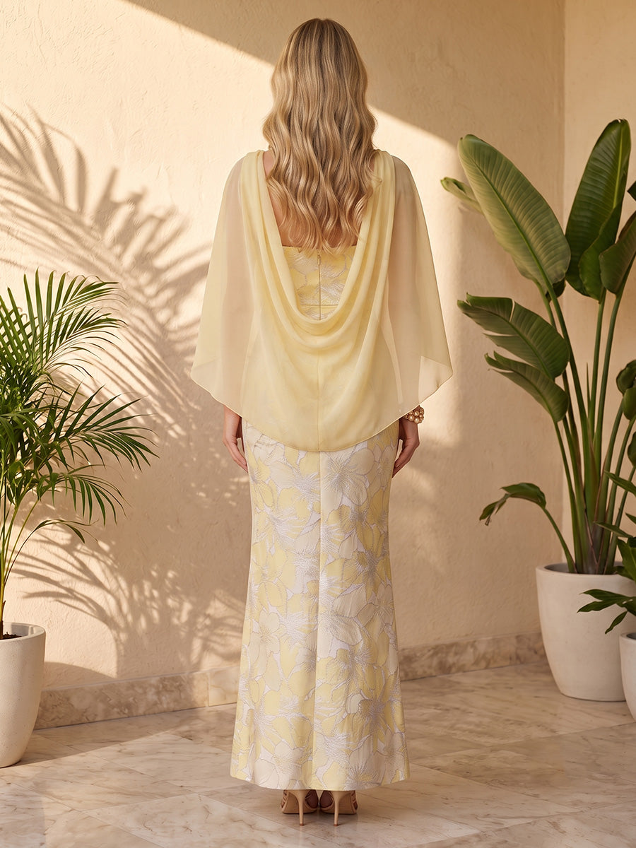 Jacquard Mermaid Jewel Neck with Cape Formal Dresses