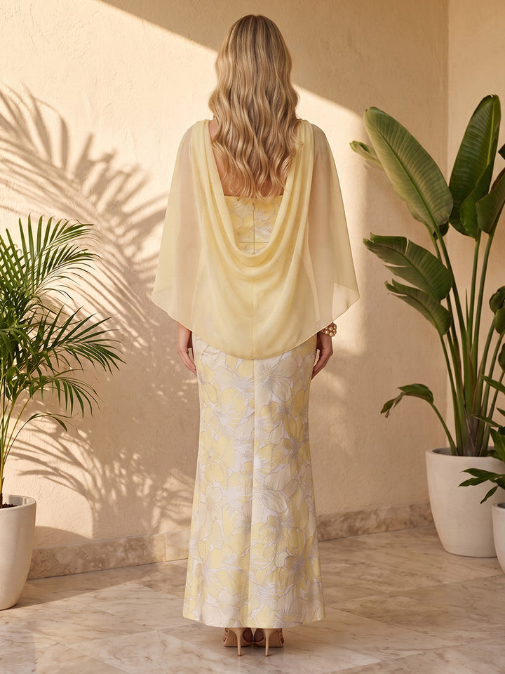Jacquard Mermaid Jewel Neck with Cape Formal Dresses