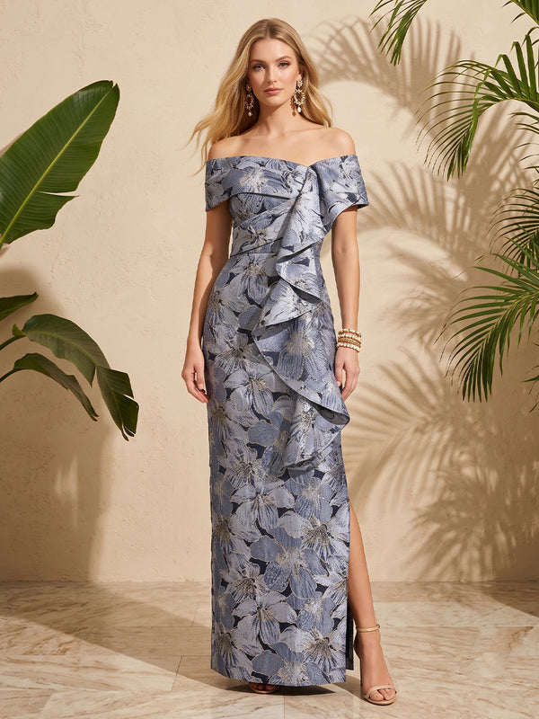 Jacquard A Line Off the Shoulder Ruffled Layered Ruched Waist Formal Dresses