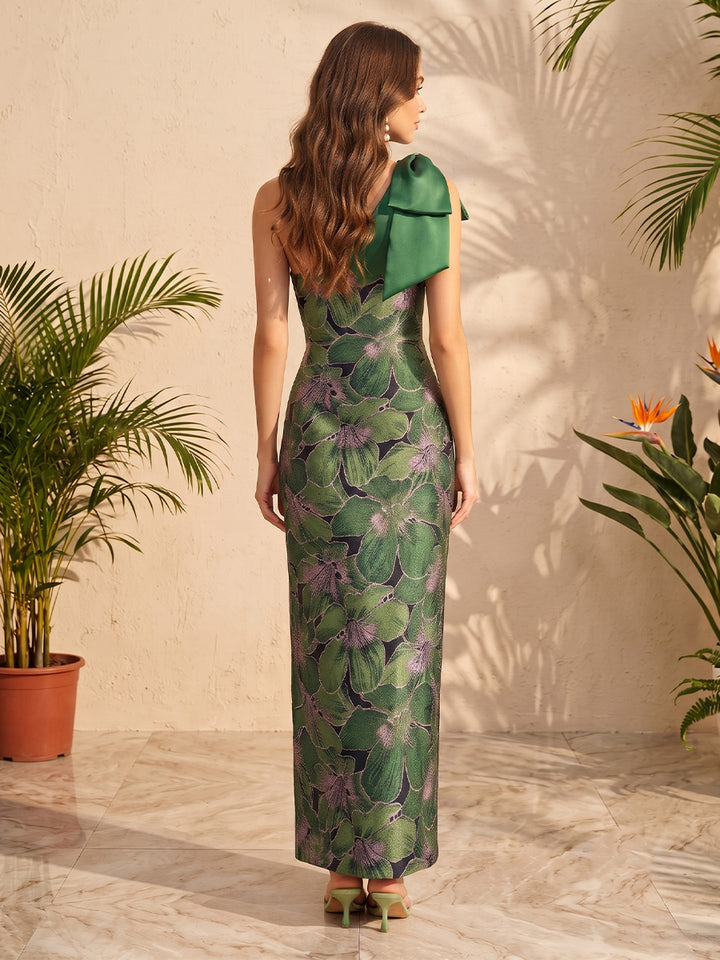 Jacquard Mermaid One Shoulder Bicolor Bow Shoulder Straps Formal Dresses