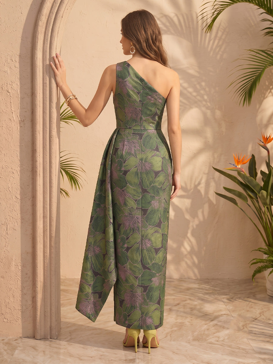 Jacquard Mermaid One Shoulder Side Slit Structured Waist Formal Dresses