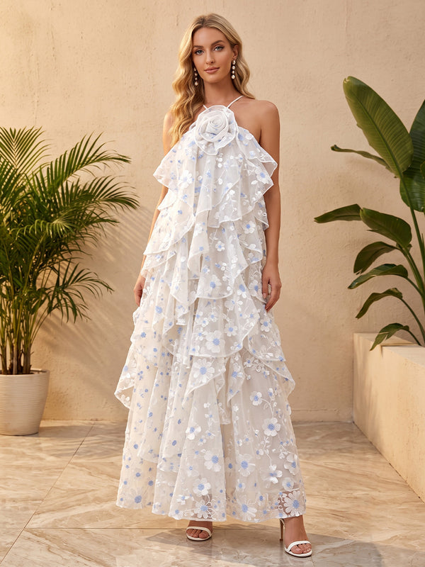 Tulle A Line Halter Floral Appliques 3D Flower Accent Formal Dresses