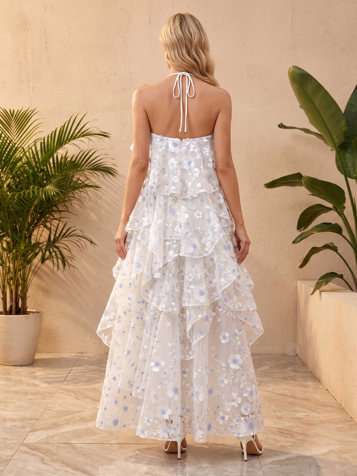 Tulle A Line Halter Floral Appliques 3D Flower Accent Formal Dresses