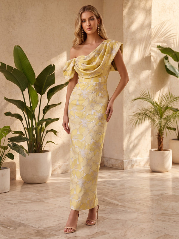 Jacquard Mermaid One Shoulder Cowl Neck High Waist Formal Dresses