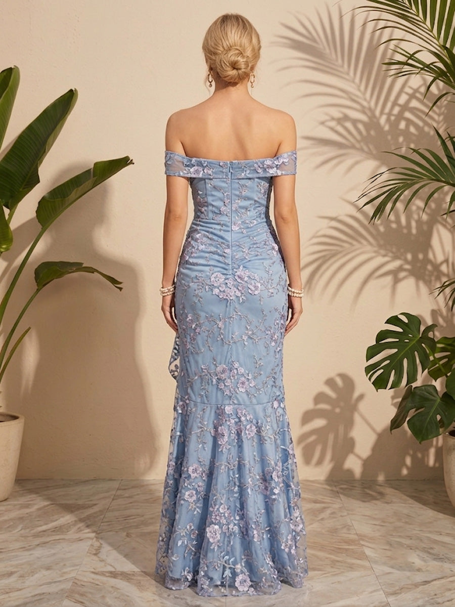 Tulle Mermaid Off the Shoulder Floral Embroidery  Formal Dresses