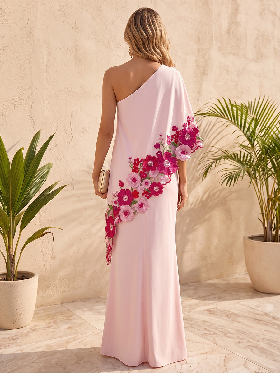 Chiffon A Line One Shoulder Floral Embroidery Tiered Formal Dresses