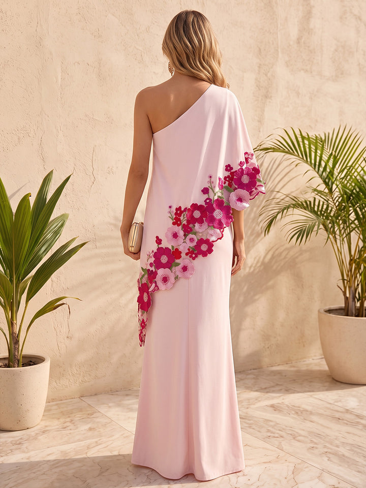 Chiffon A Line One Shoulder Floral Embroidery Tiered Formal Dresses