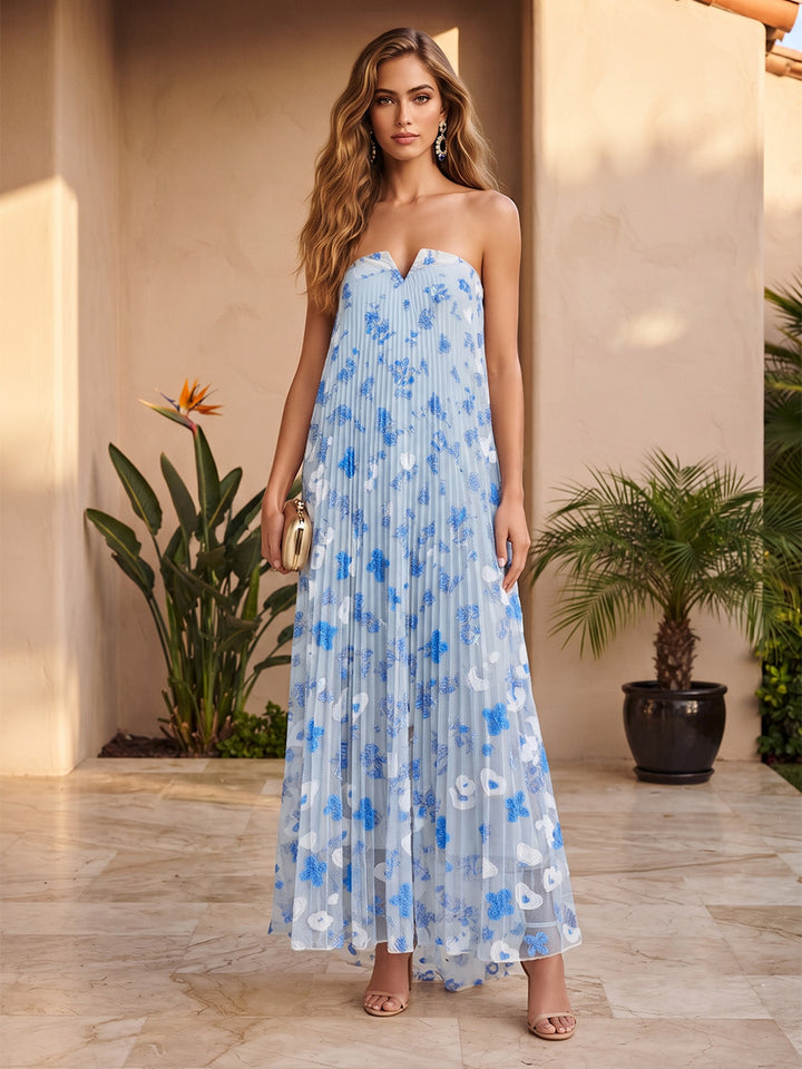 Tulle A Line Strapless Modest V‑neck Pleated Formal Dresses