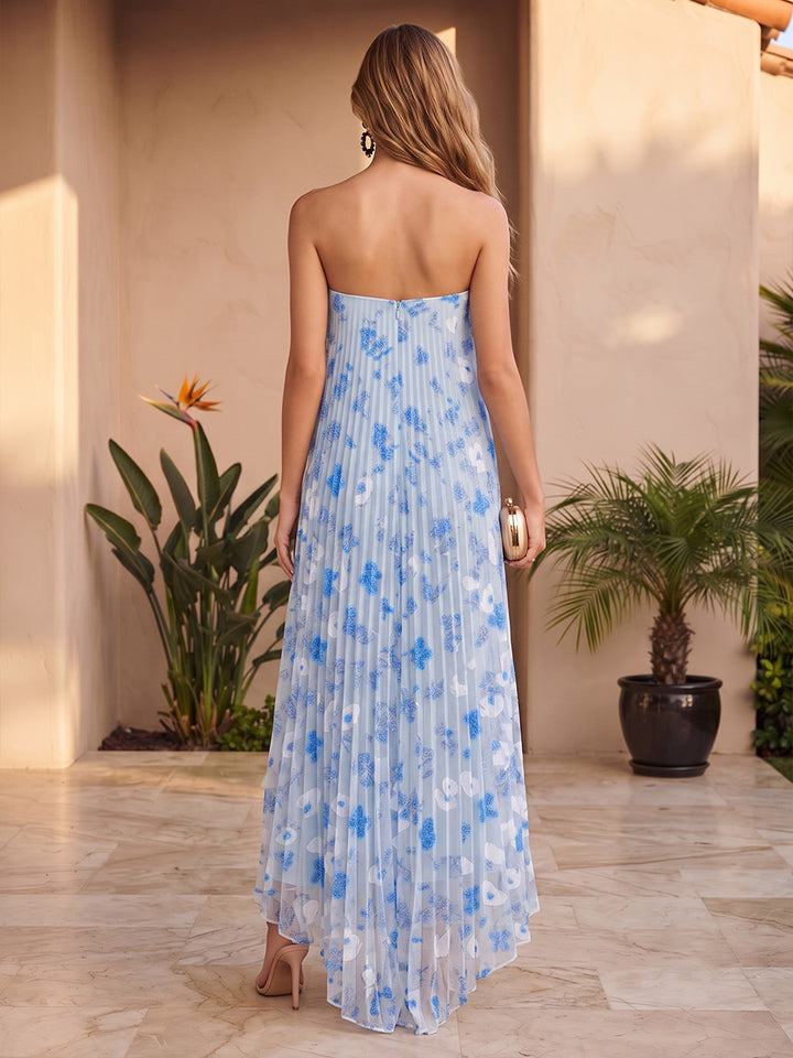 Tulle A Line Strapless Modest V‑neck Pleated Formal Dresses