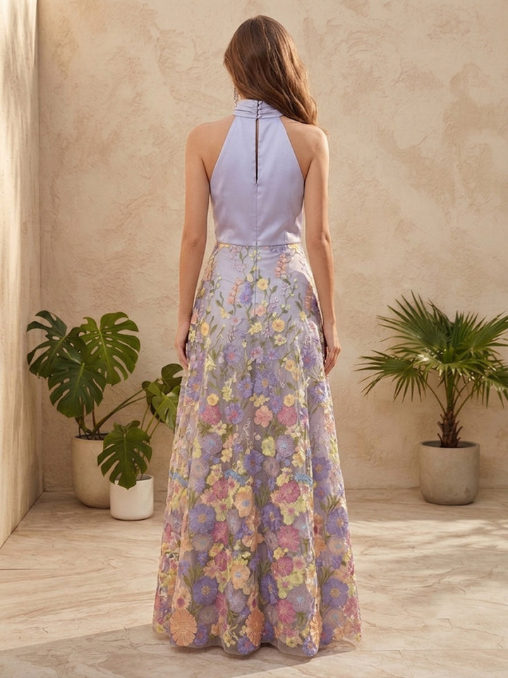 Tulle A Line Halter Cowl Neck Side Slit Formal Dresses