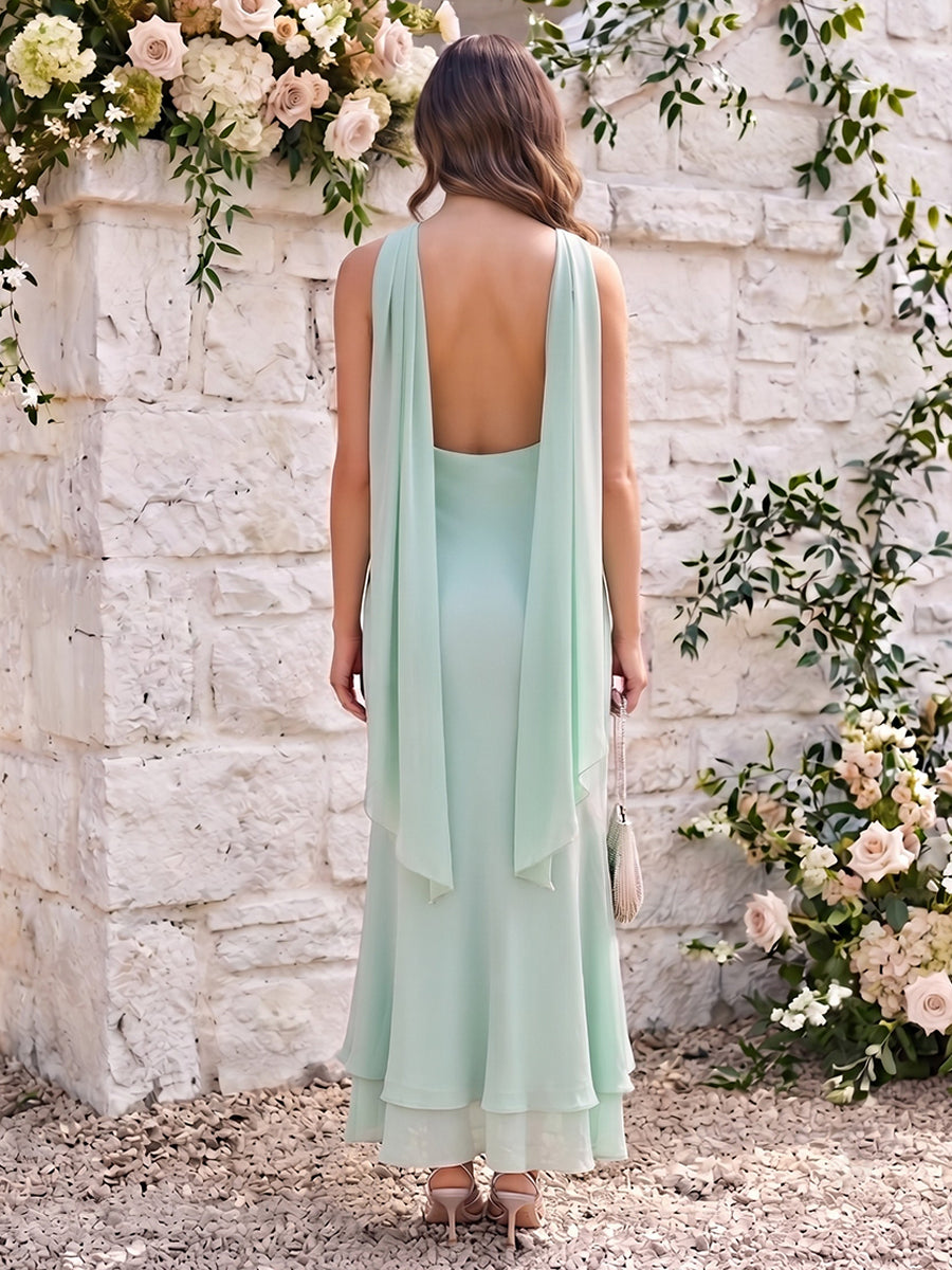 Chiffon Mermaid Cowl Neck Splicing Scarf Formal Dresses