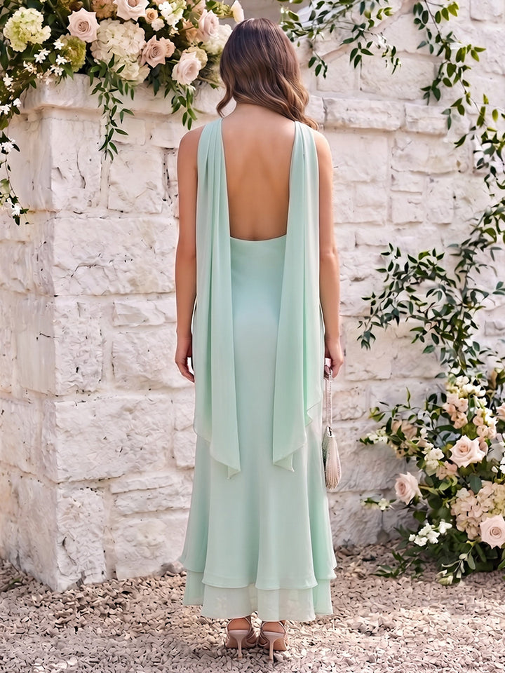 Chiffon Mermaid Cowl Neck Splicing Scarf Formal Dresses