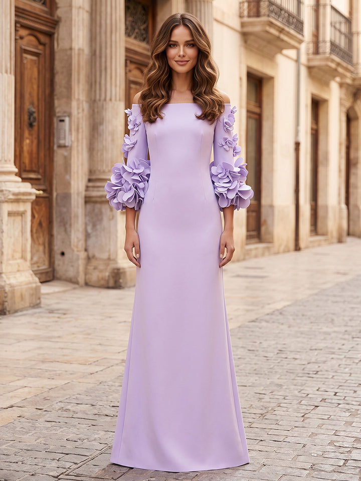 Satin A Line Off the Shoulder Bell Sleeve Formal Dresses
