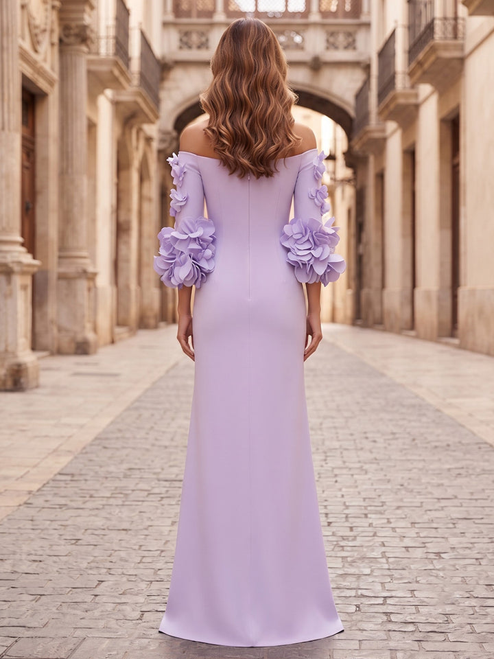 Satin A Line Off the Shoulder Bell Sleeve Formal Dresses