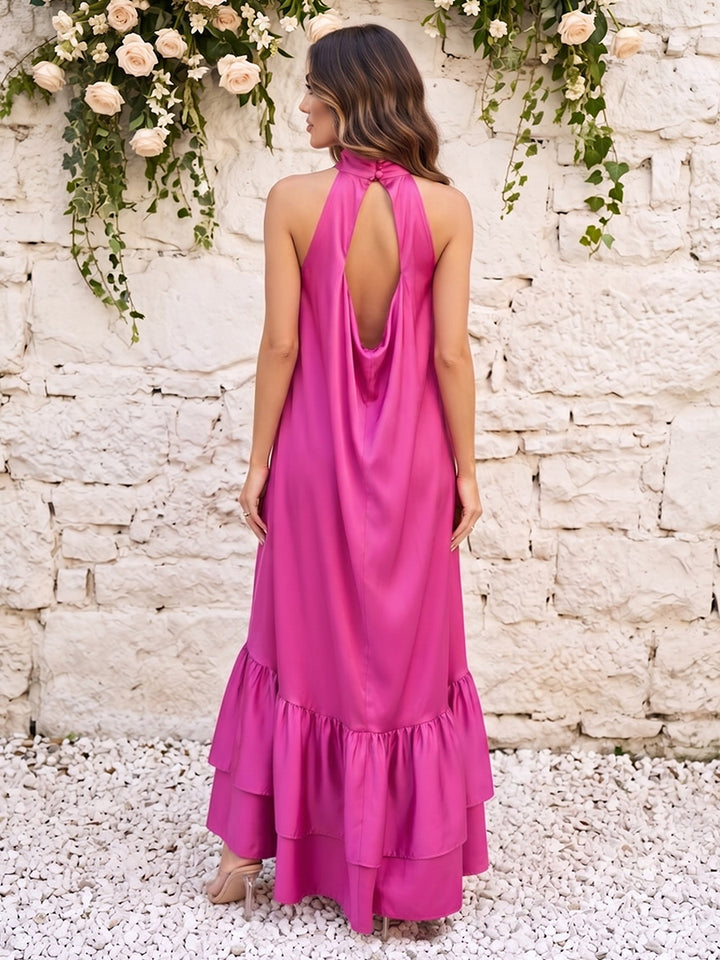 Satin A Line Halter Ruffles Formal Dresses