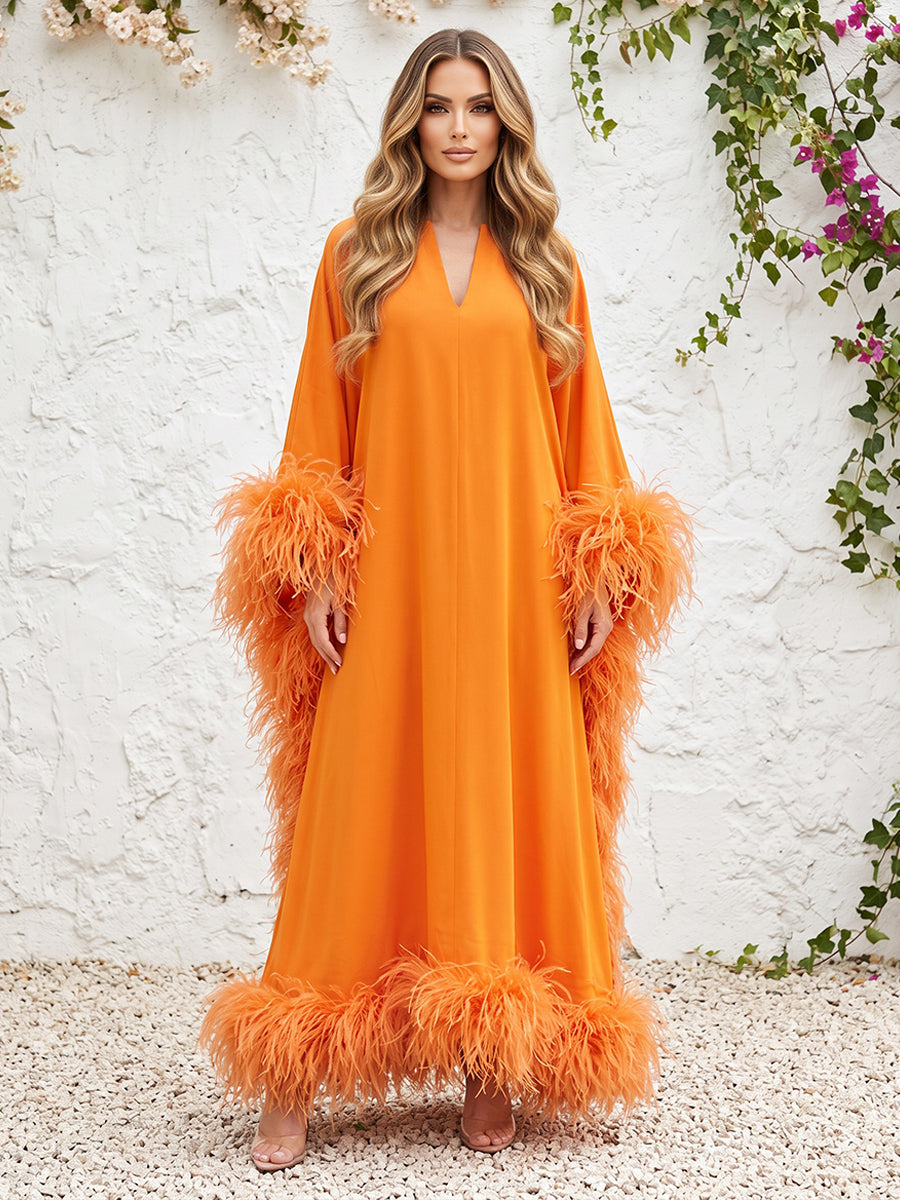 Chiffon Kaftan V Neck with Feather Formal Dresses