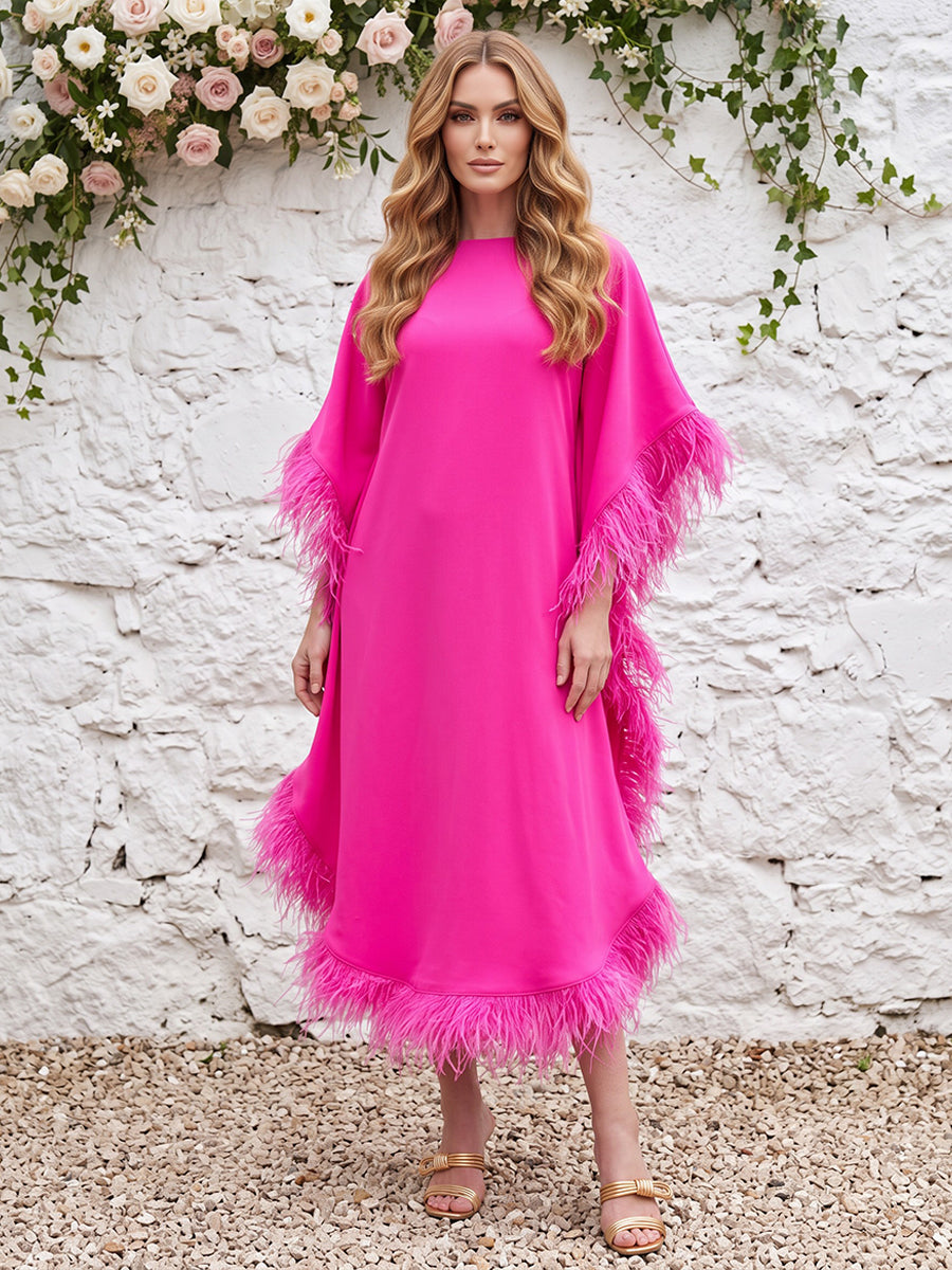 Satin Kaftan Jewel Neck with Feather Formal Dresses