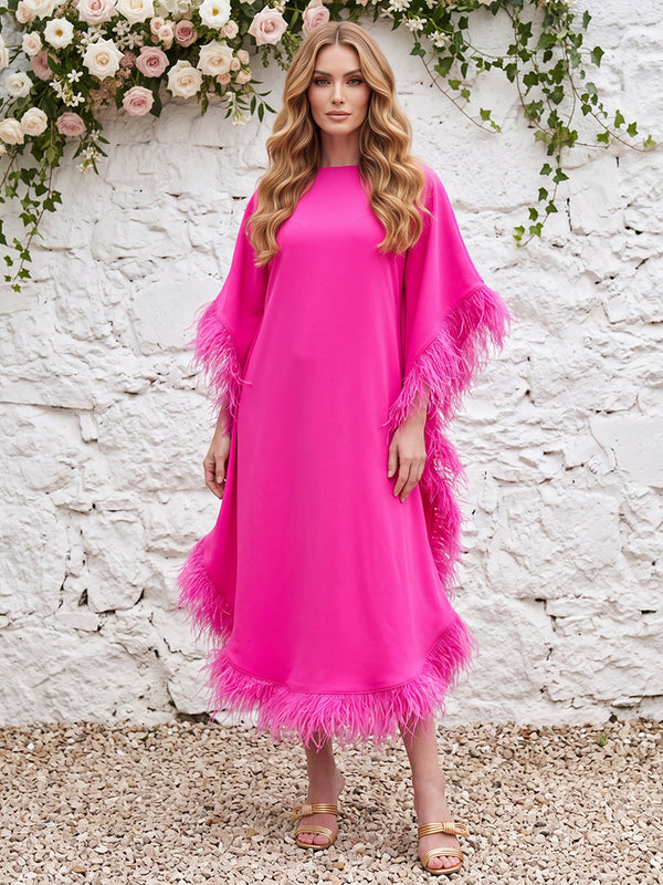 Satin Kaftan Jewel Neck with Feather Formal Dresses