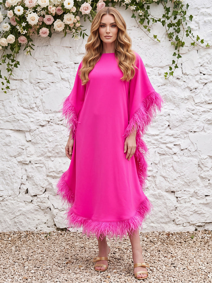 Satin Kaftan Jewel Neck with Feather Formal Dresses