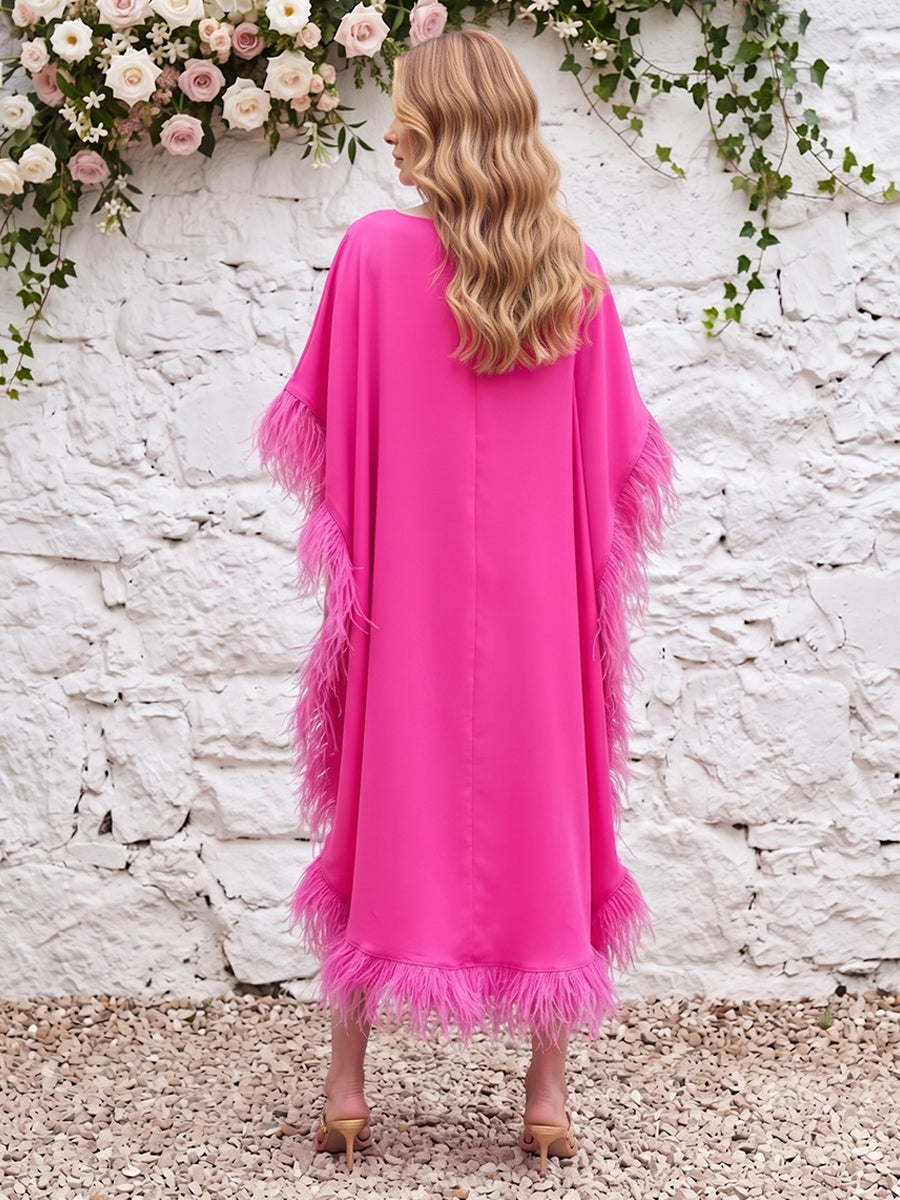 Satin Kaftan Jewel Neck with Feather Formal Dresses