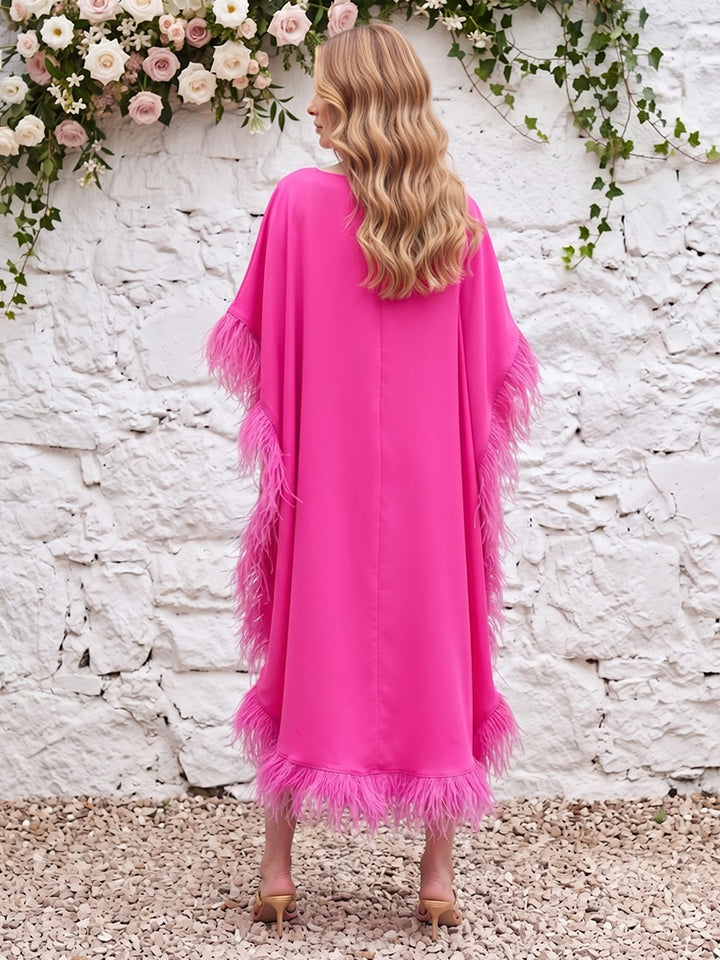 Satin Kaftan Jewel Neck with Feather Formal Dresses