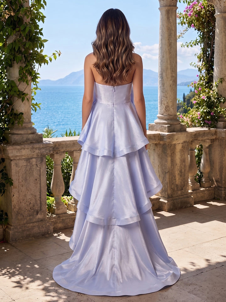 Satin A Line Strapless Layered Tiered Formal Dresses